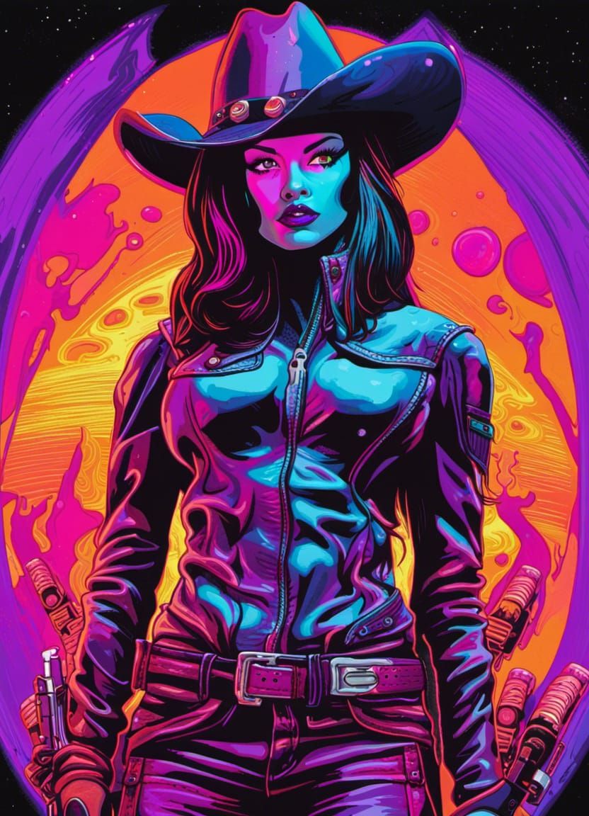 Alien Cowgirl Assassin in Black Light Art Style
