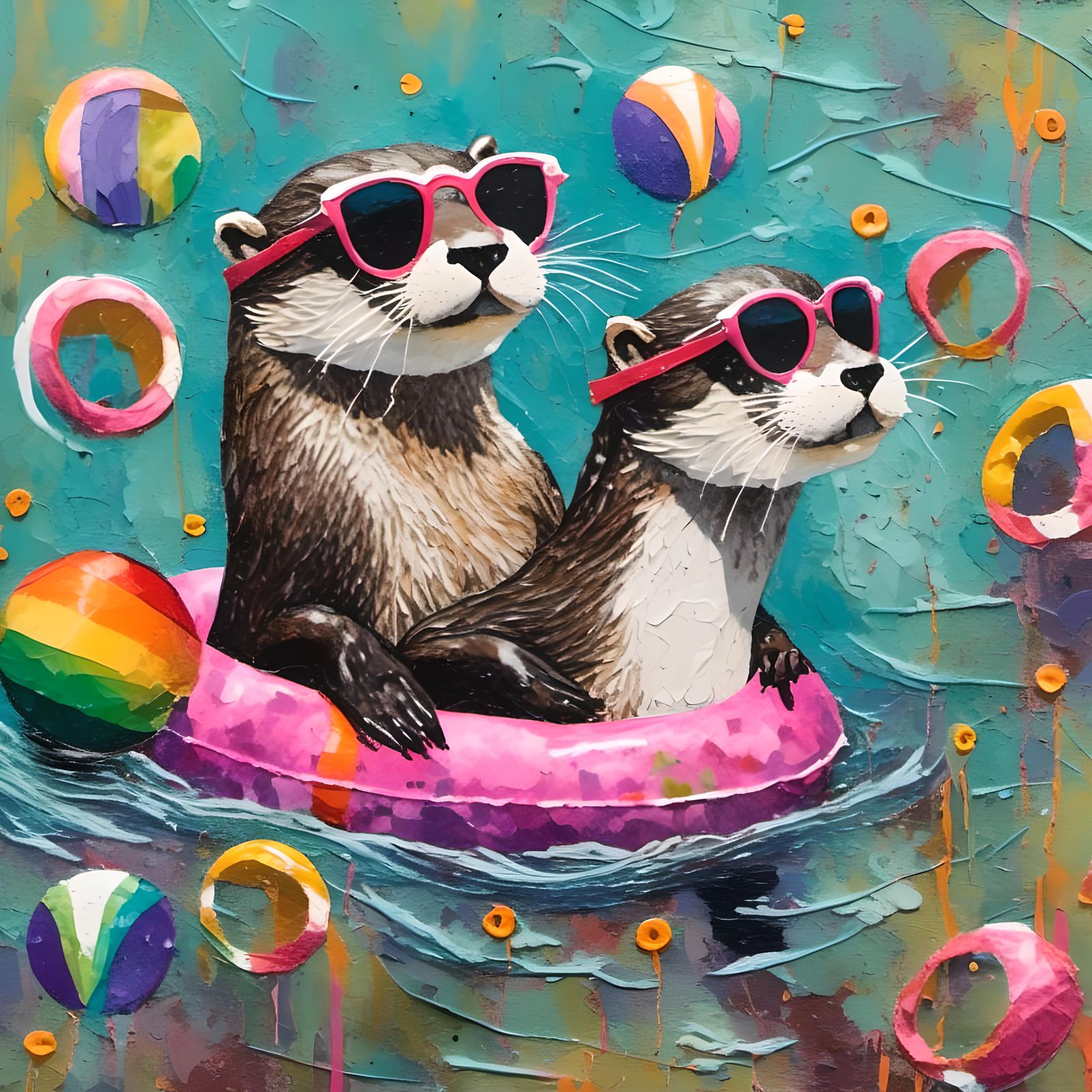 Whimsical Otter on Unicorn Float in Mixed Media Collage