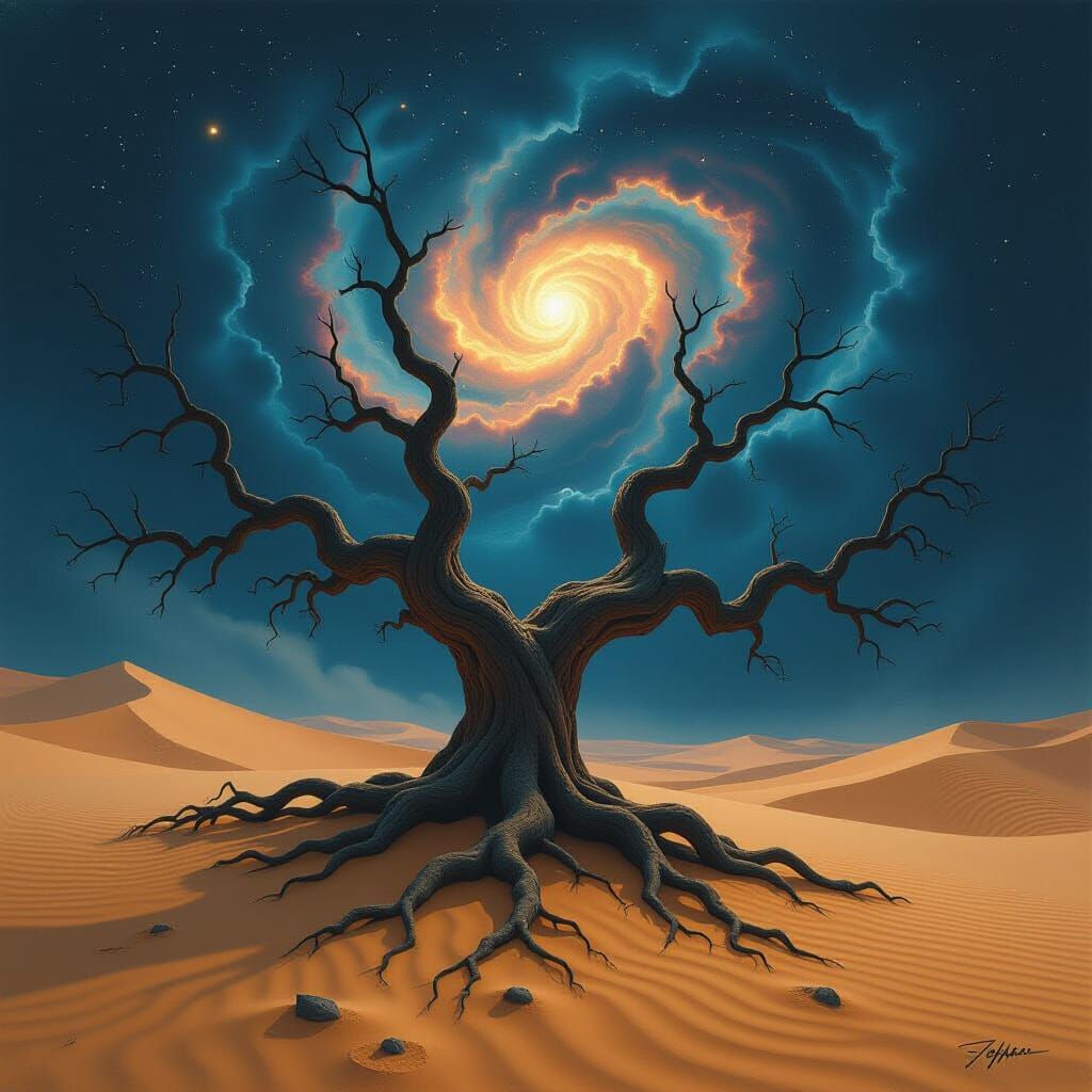 Ancient Tree in Nebula Sky, Dark Fantasy Art