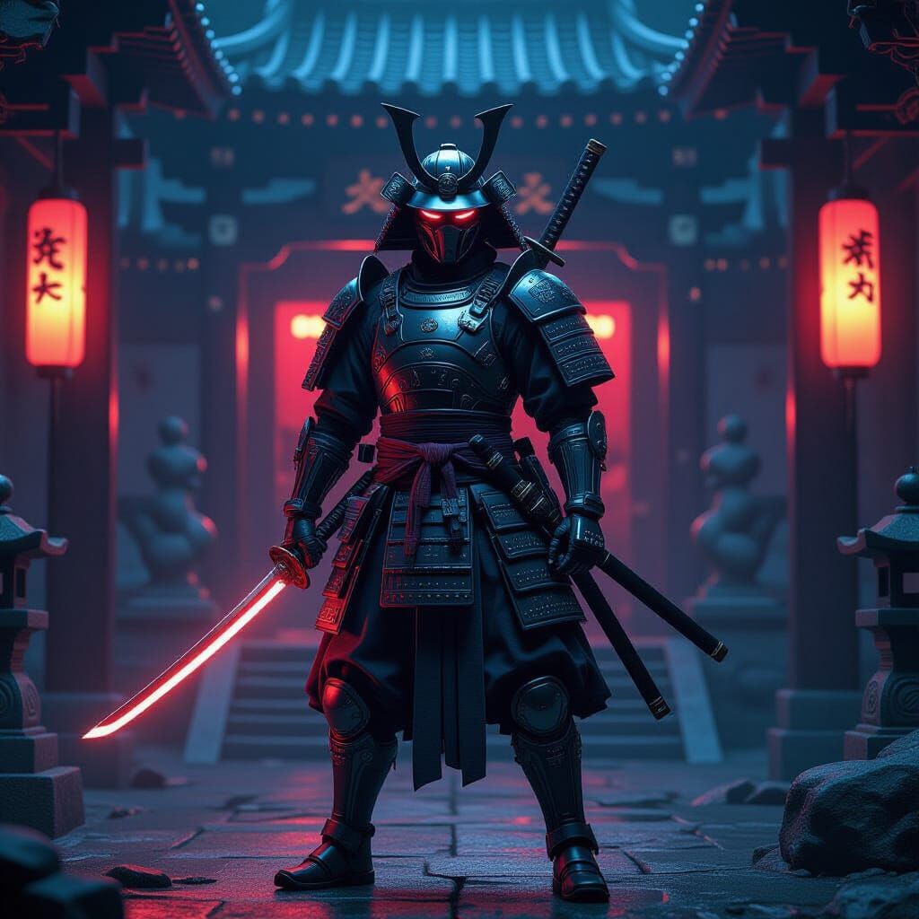 Futuristic Samurai Guarding Neon Temple in Cinematic Style