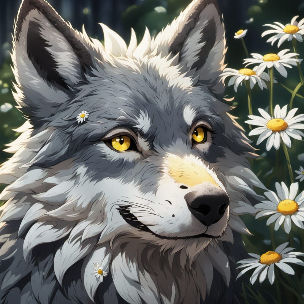 Anime Wolf with Daisy Crown in Ghibli Style