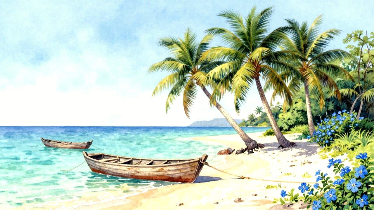 Tropical Island Paradise with Palm Trees and Blue Flowers