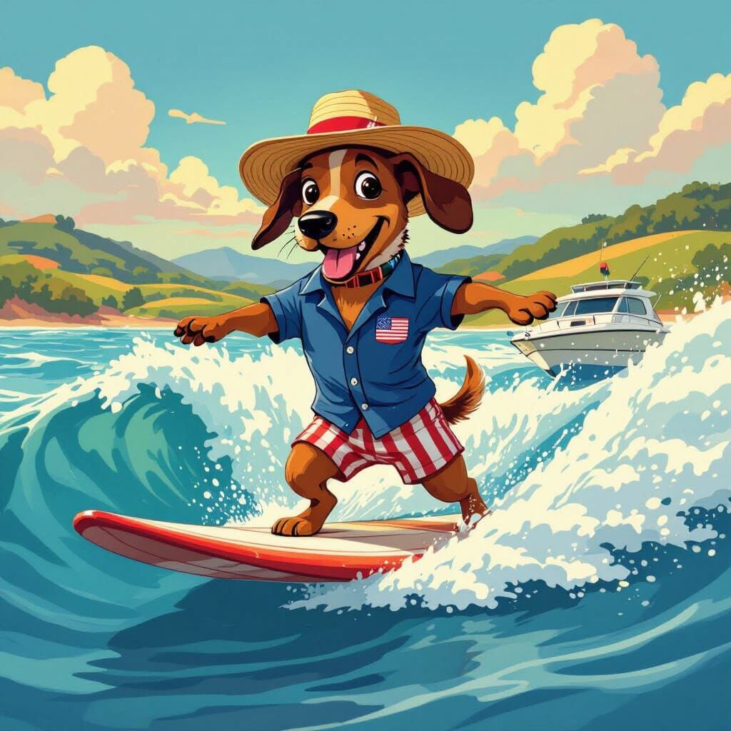 Cartoon Wiener Dog Wakesurfing on a Wave