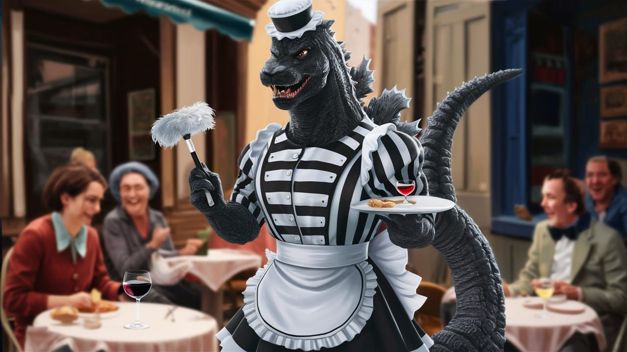 Godzilla as French Maid in Whimsical Cafe Scene