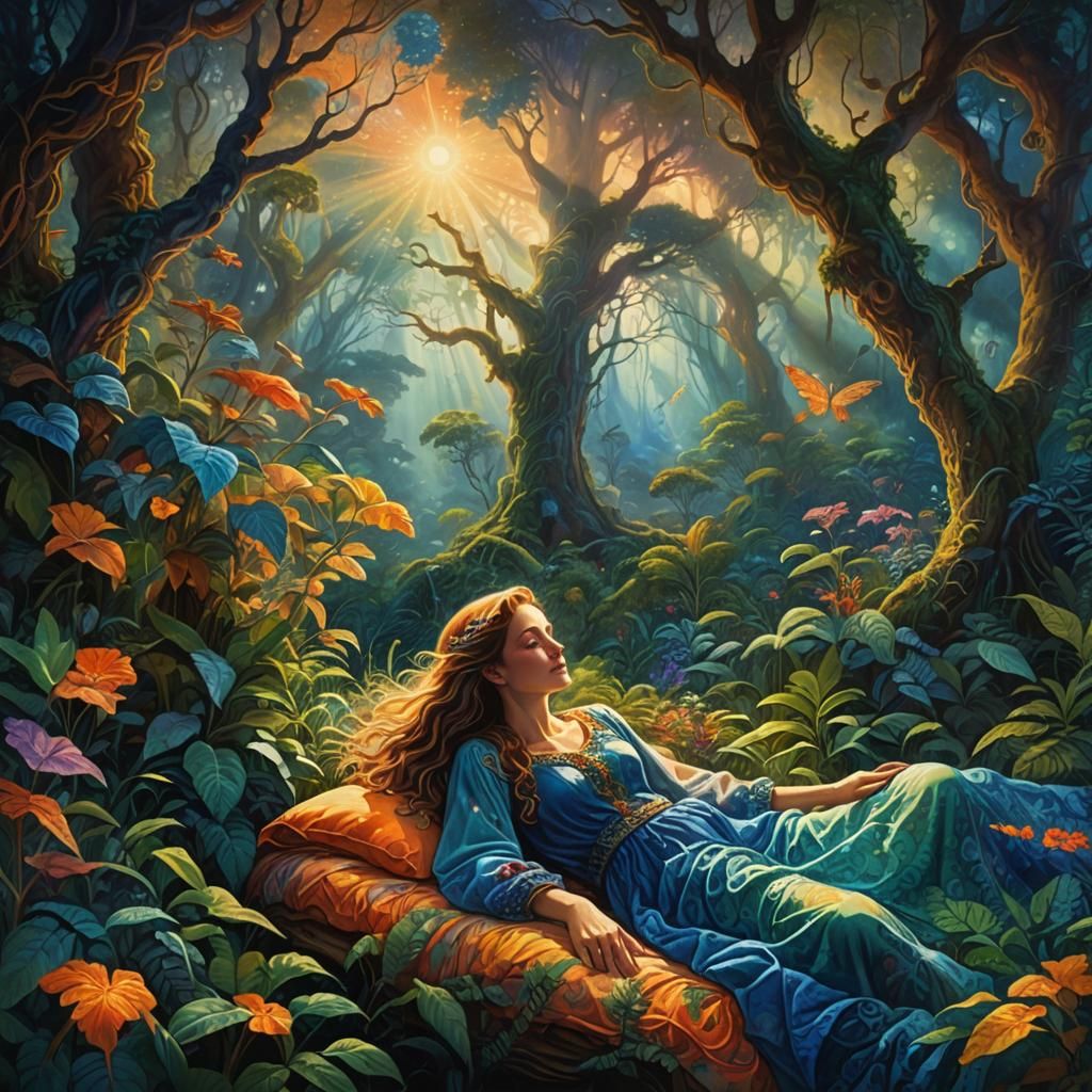 Woman Wakes in Lush Forest: Dreamlike Digital Art