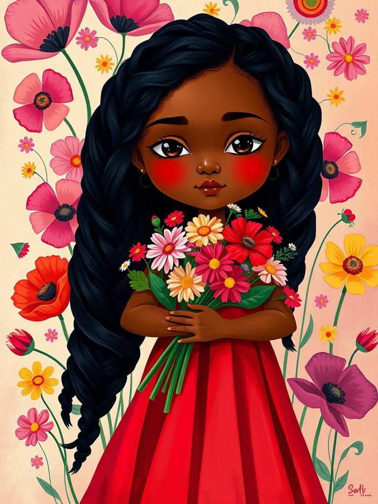 African American Girl with Flowers in Cubist Folk Art