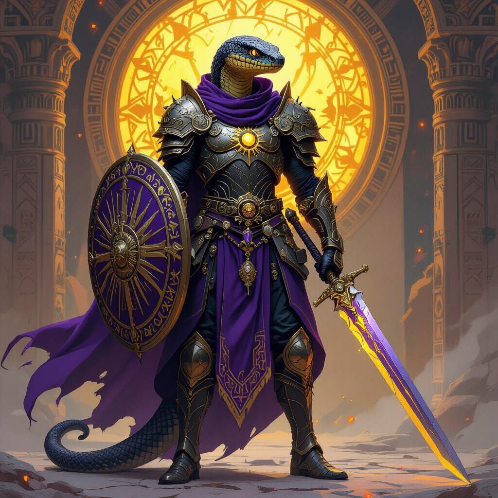 Snake Paladin in Ornate Platemail with Sun Iconography