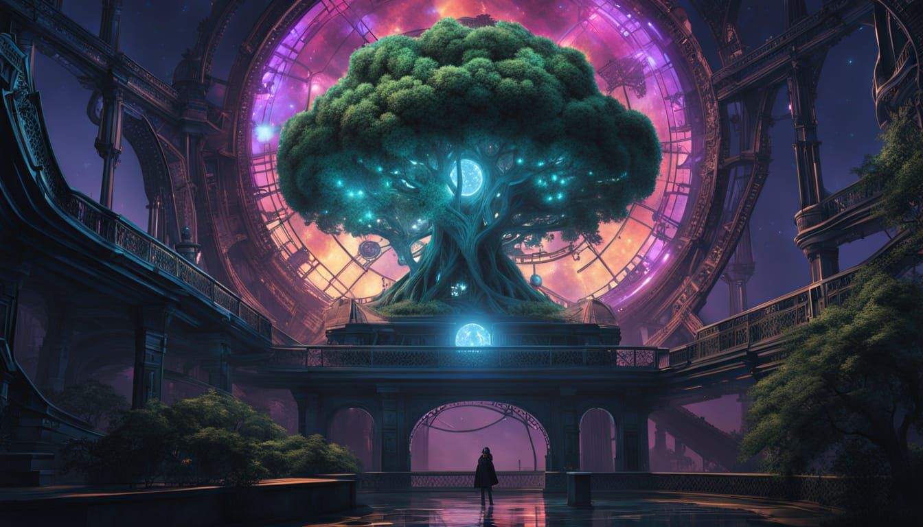 Crystalline Tree Intertwined with Futuristic Ruins
