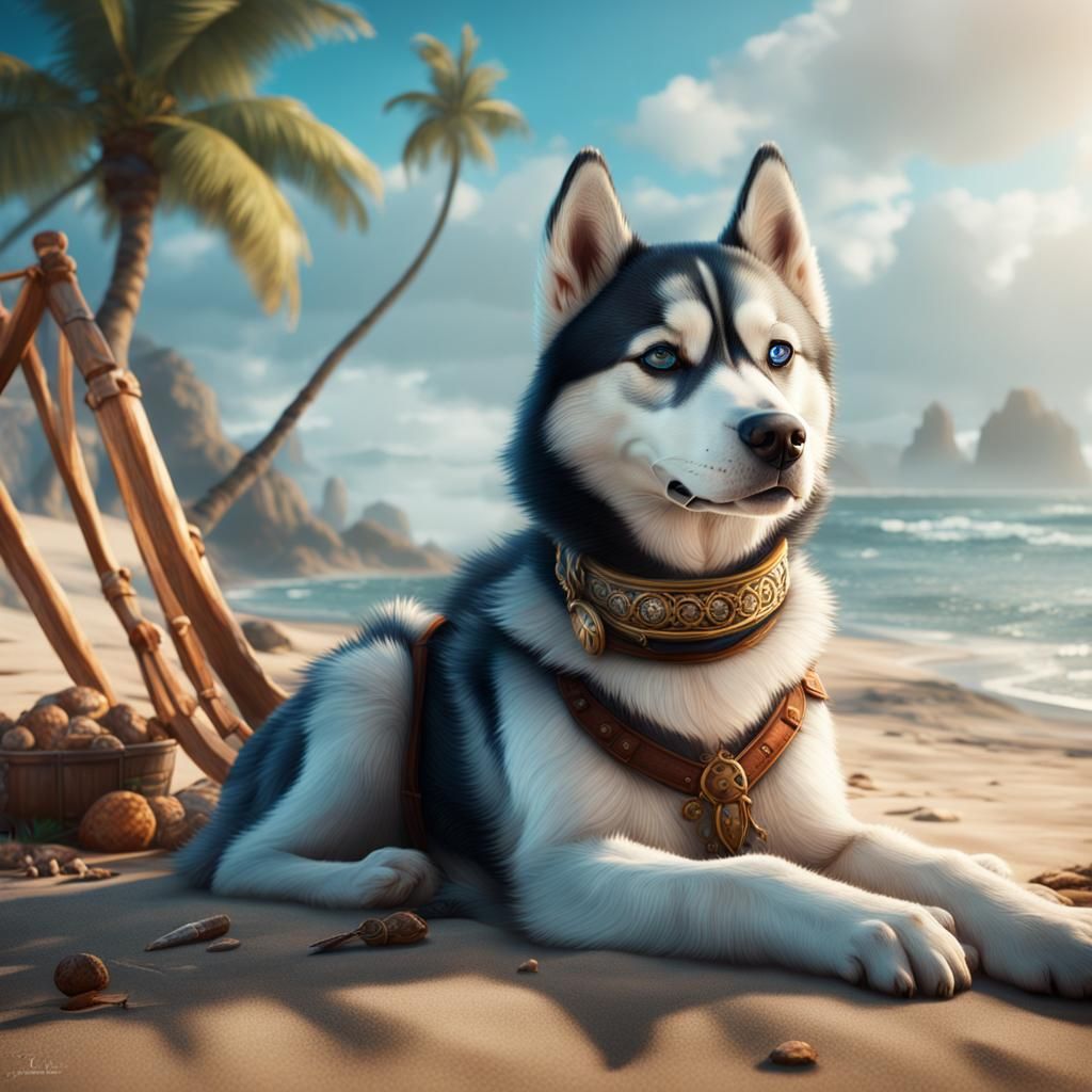 Relaxing Husky on Beach: Detailed Fantasy Art