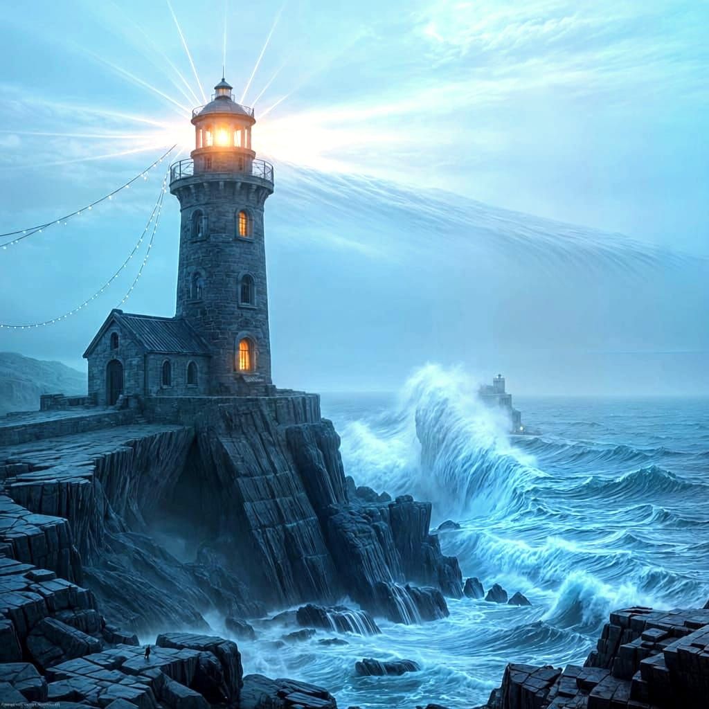 Cyberpunk Lighthouse on Stormy Coast