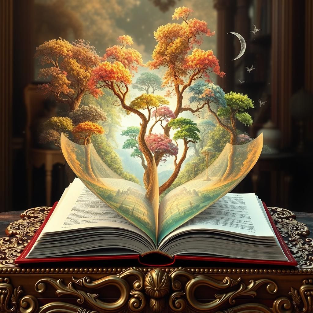 Open Book Reveals Ethereal Forest in Rococo Style