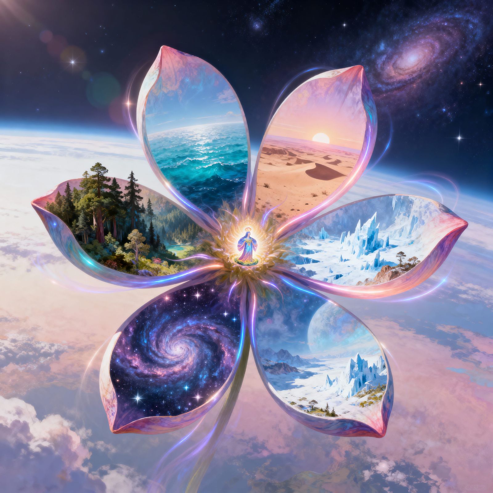 Cosmic Flower With Six World Petals in Pastel Colors