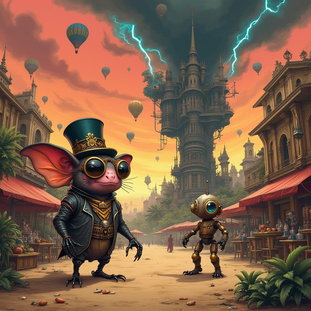 Steampunk Fruitbat and Android Adventurers Amidst Futuristic...