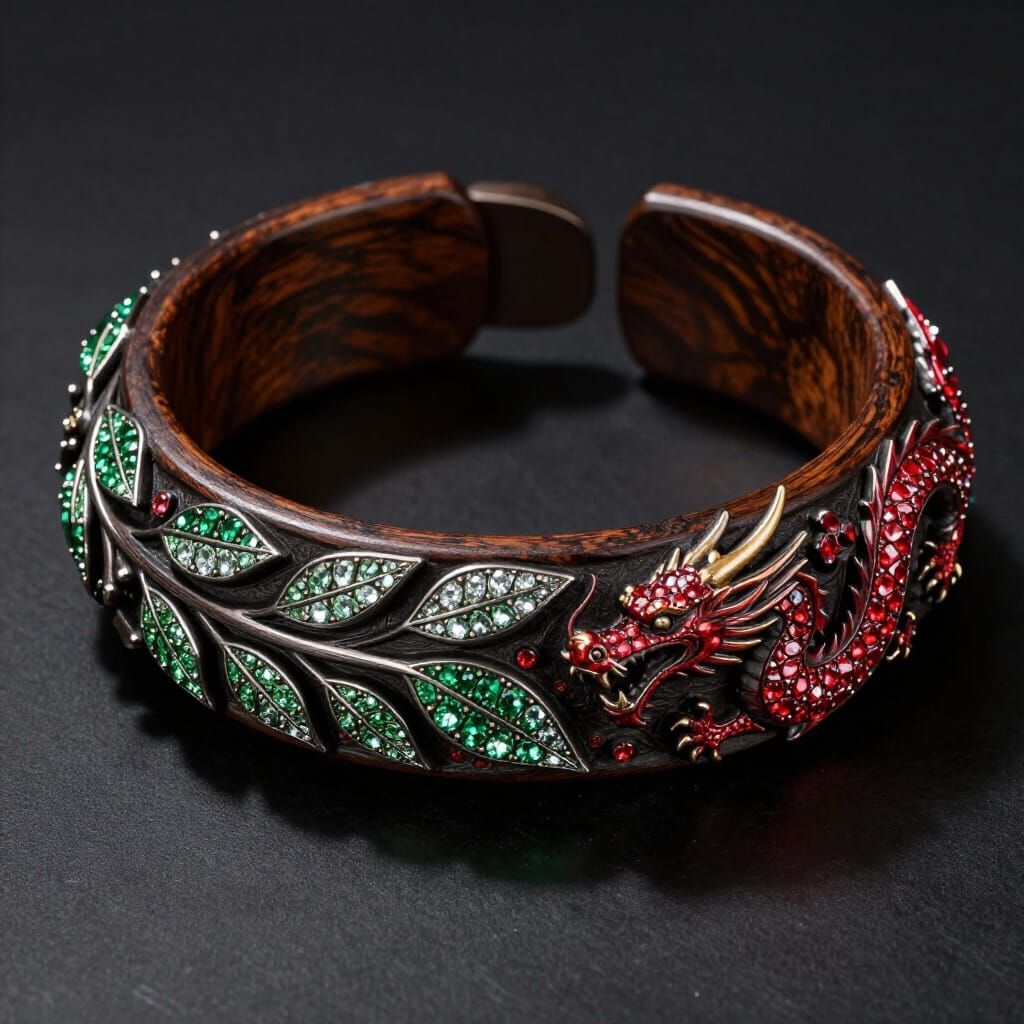 Dark Wood Bracelet with Dragon & Leaf Carvings