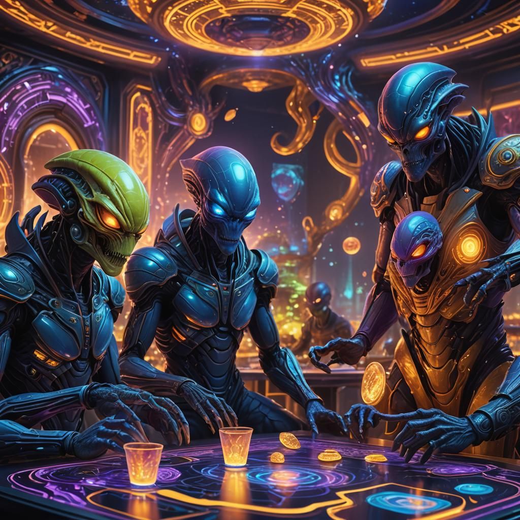 Alien Card Game in Neon-Noir Futurism