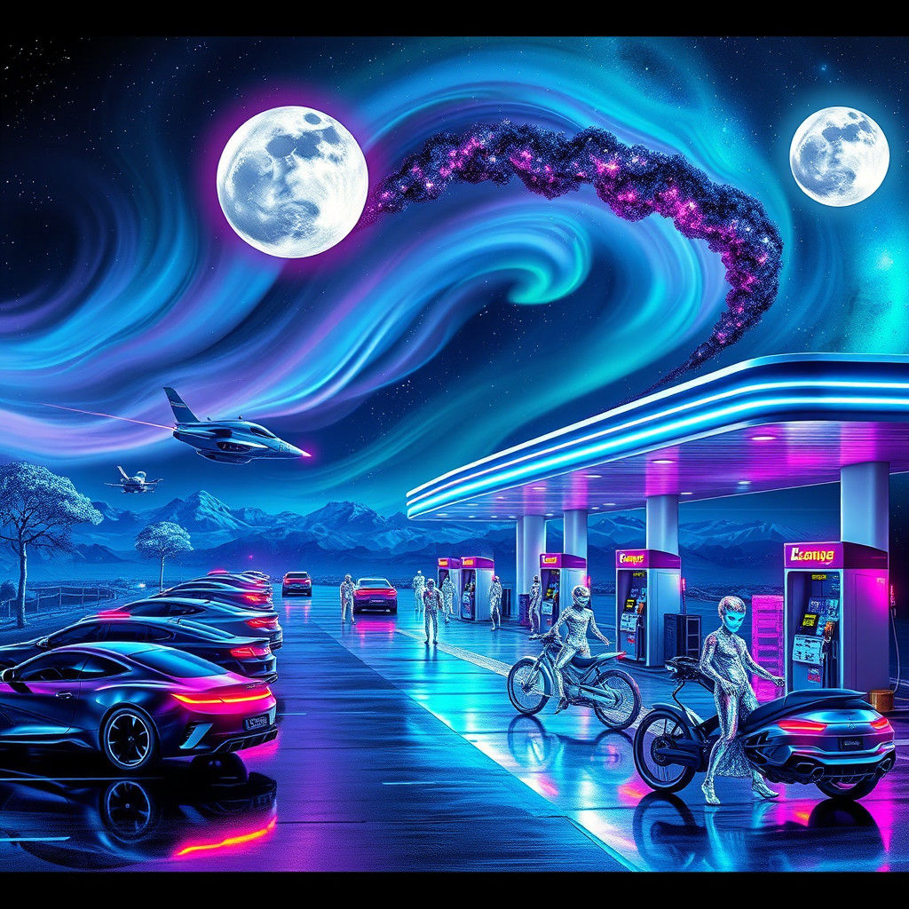 Intergalactic Gas Station with Futuristic Neon Lights