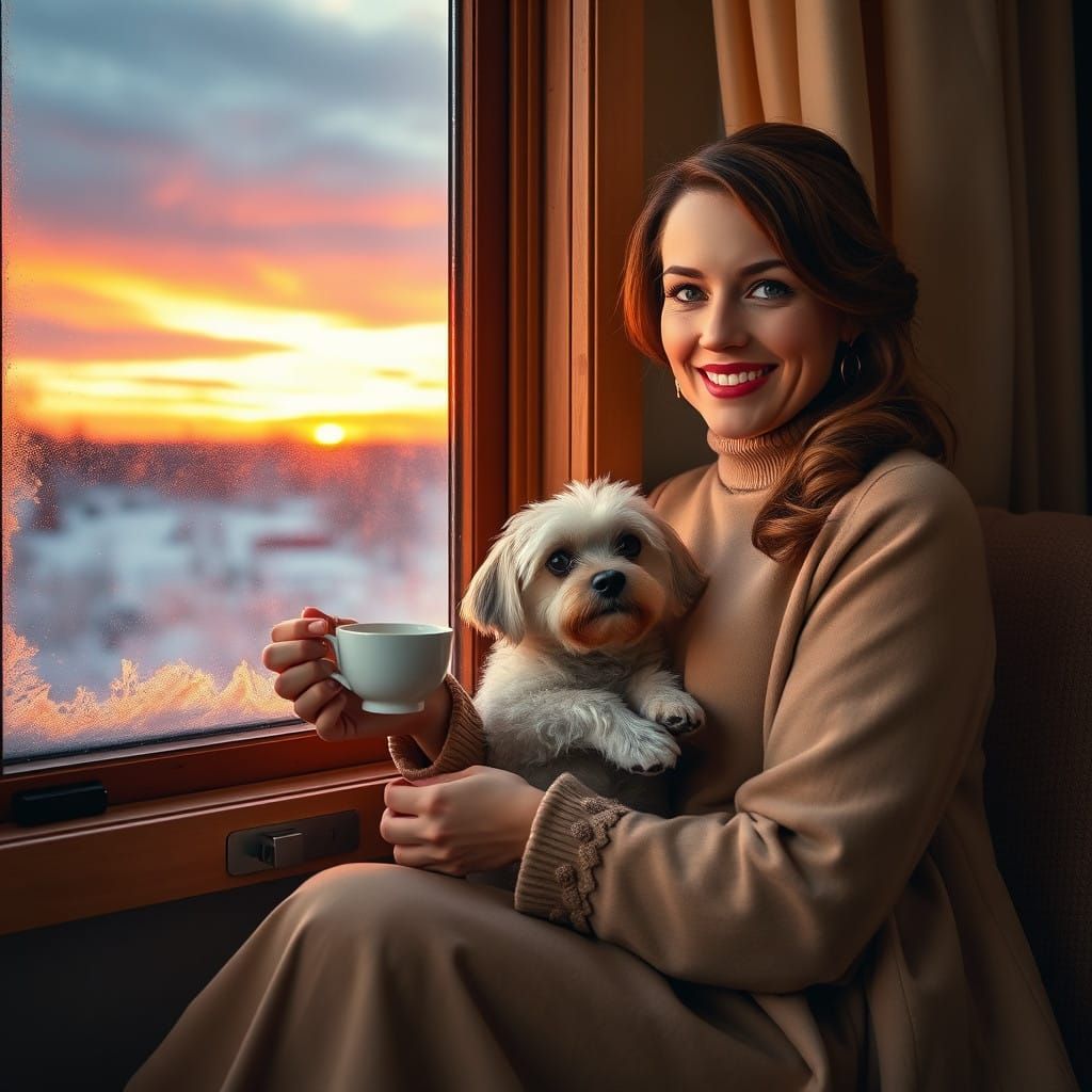 Woman with Dog and Tea, Winter Sunset