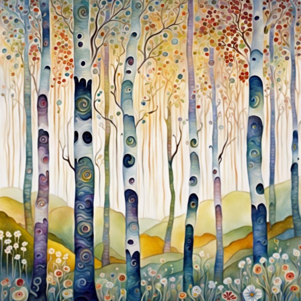 Art Nouveau Birch Trees with Golden Floral Details