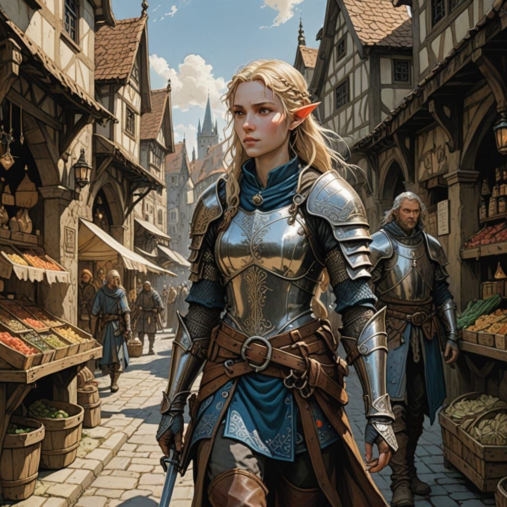 Elf Ranger in Medieval Market, Fantasy Illustration