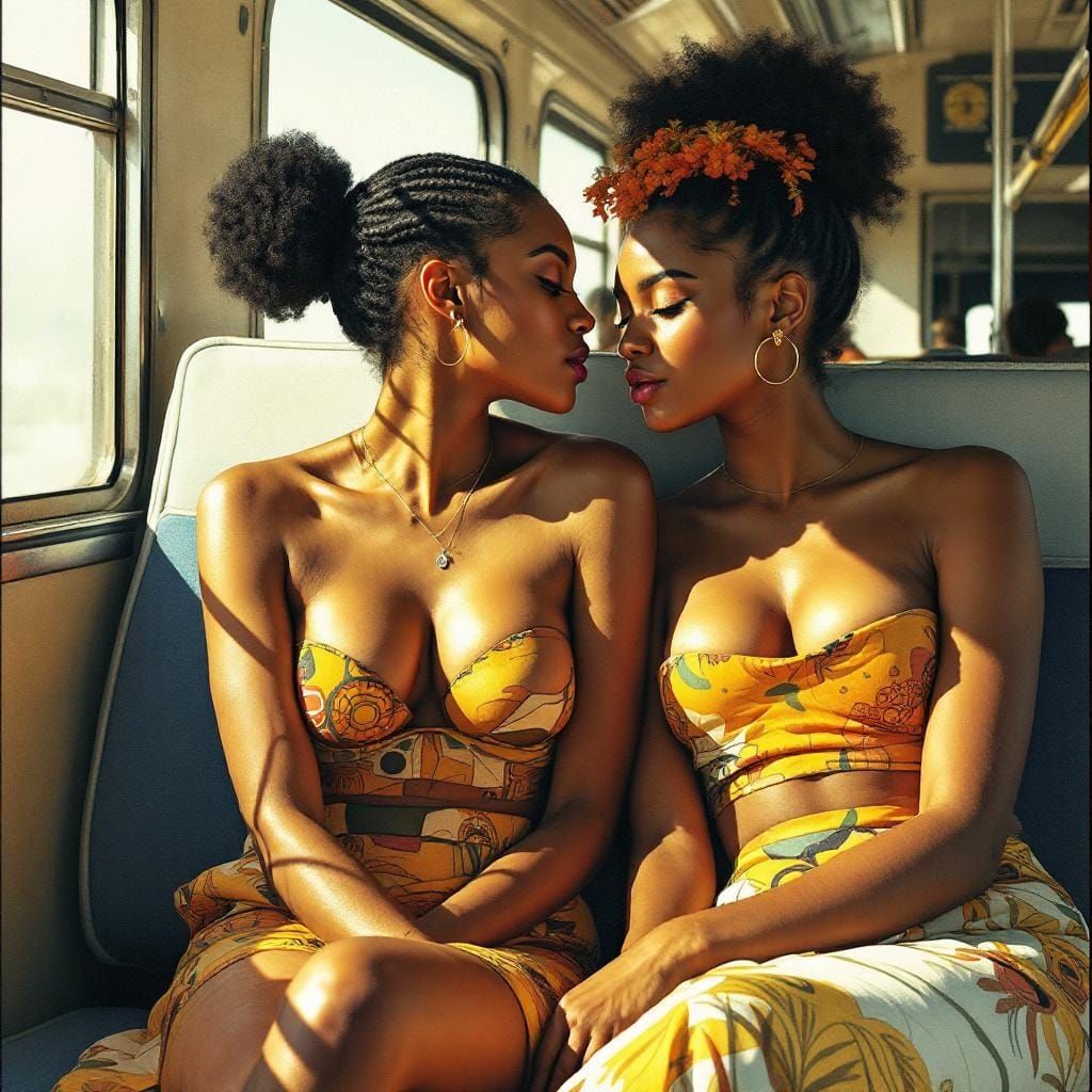 Women on Bus in Folk Surrealism Style