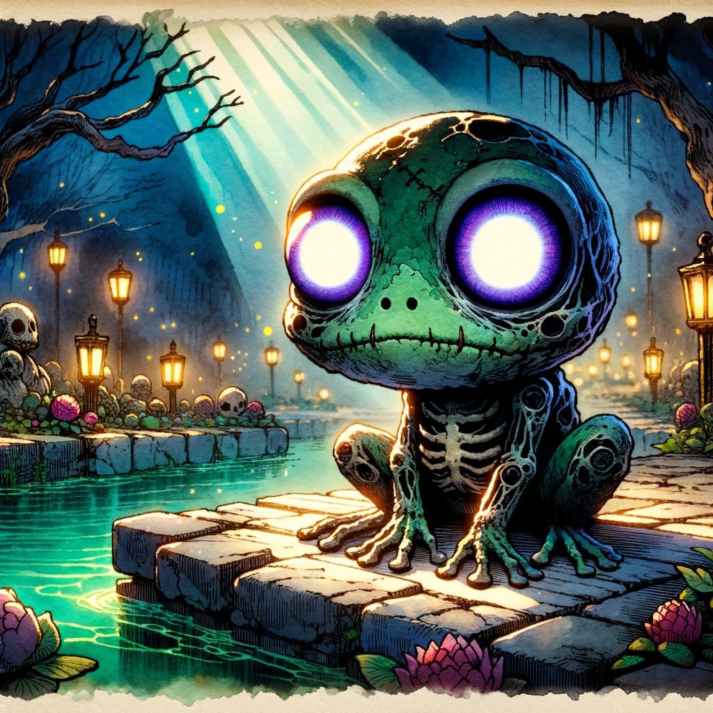 Undead Chibi Frog in Eerie Watercolor Illustration