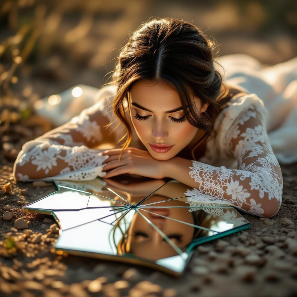 Broken Mirror Reflects Peaceful Eyes in Soft Light