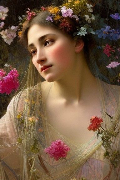 Elegant Lady with Floral Web, Art Nouveau Style