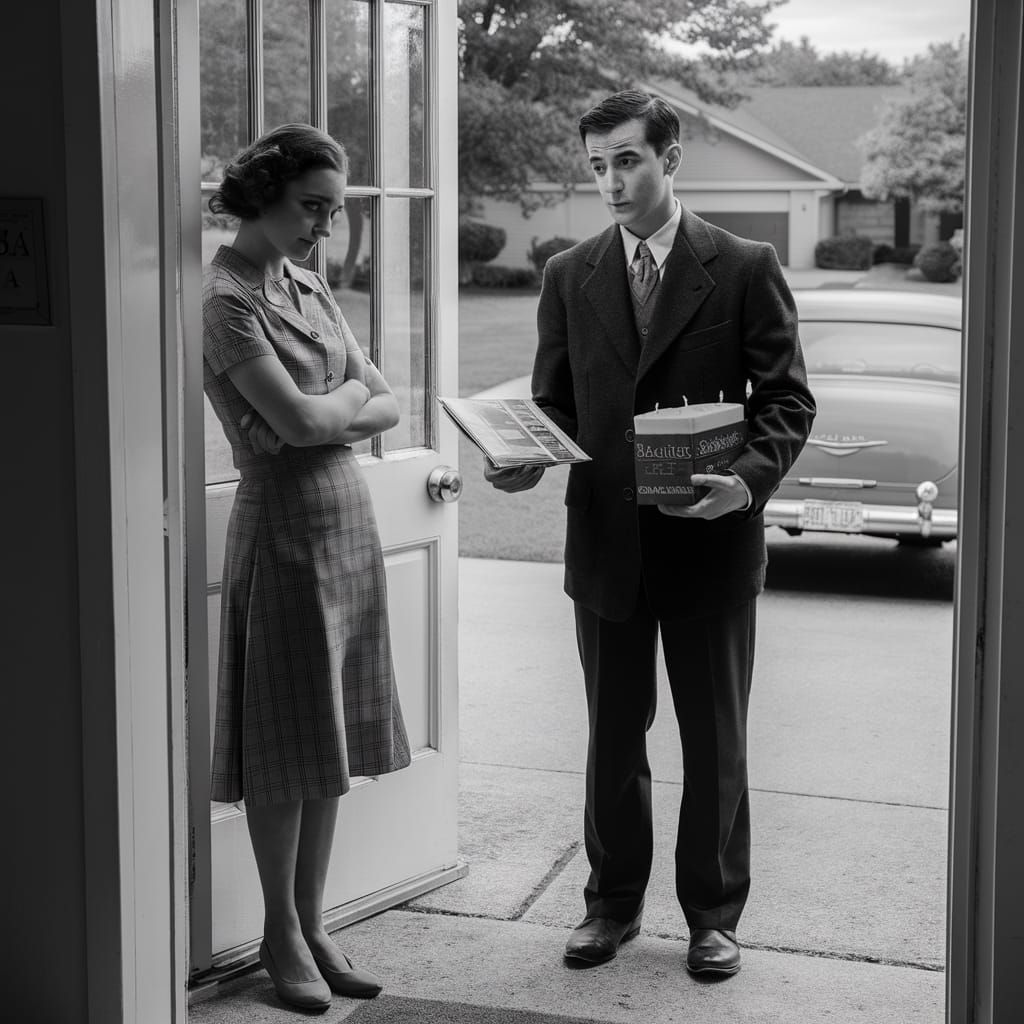 1950s Door-to-Door Salesman Loses Sale in Suburban America