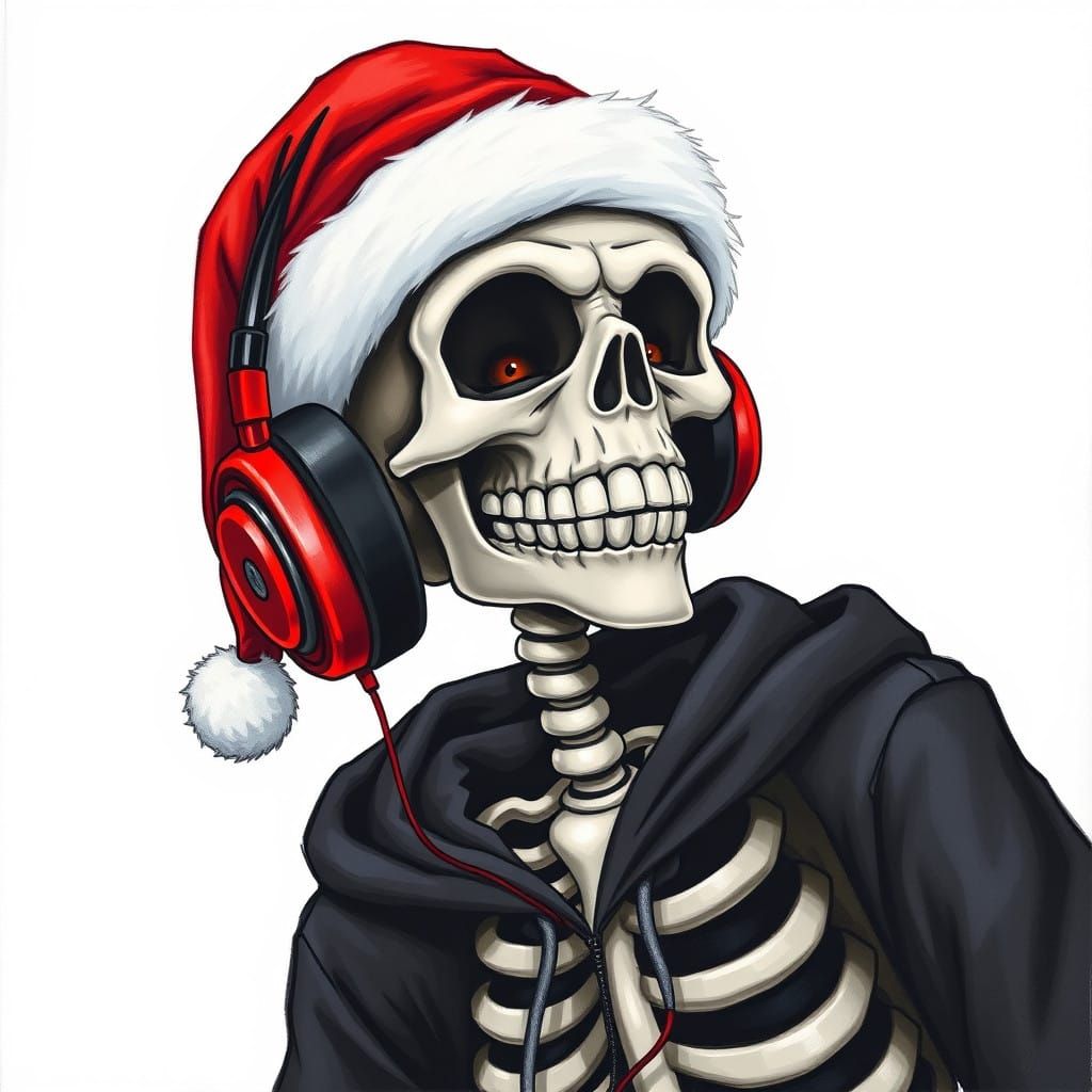 Cheerful Skeleton Boy Wears Santa's Hat in a Classic Illustr...