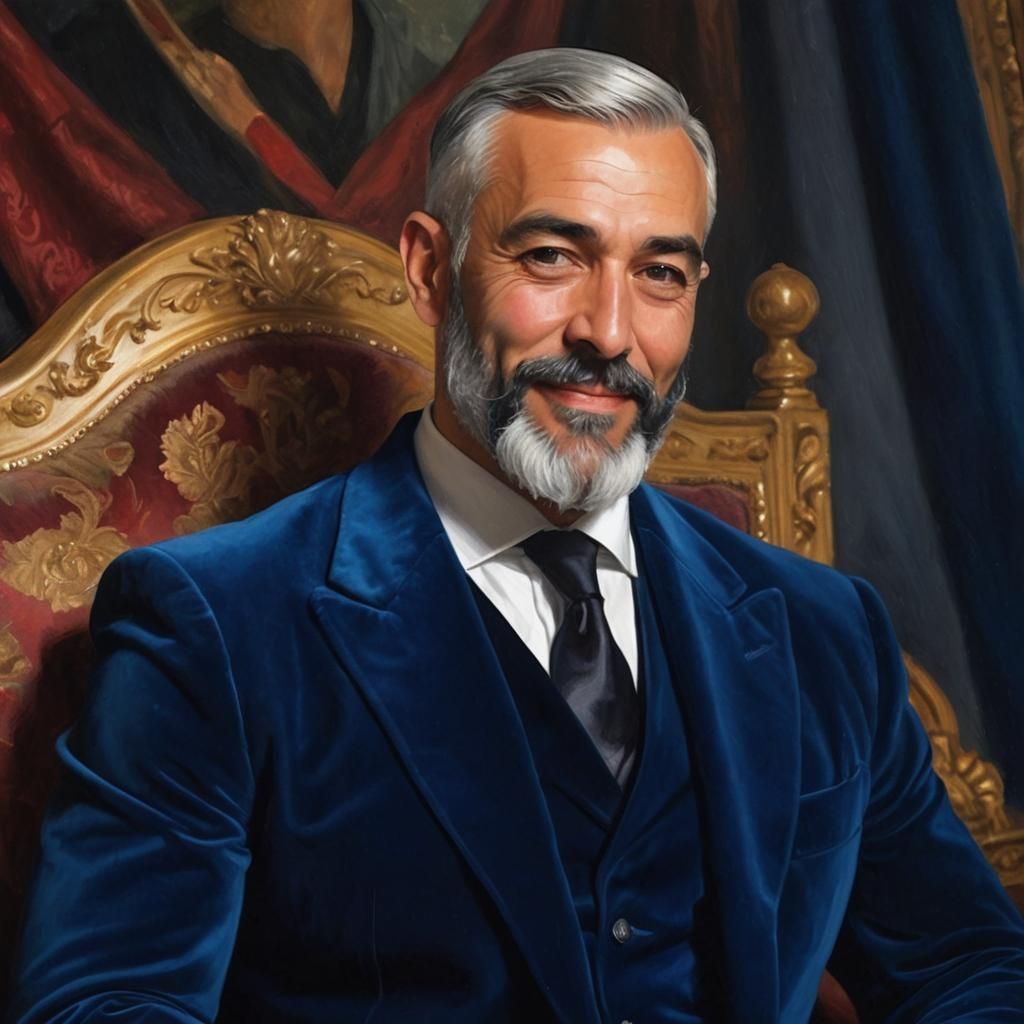 Silver-Haired Man in Blue Velvet Suit: Impressionist Oil Pai...