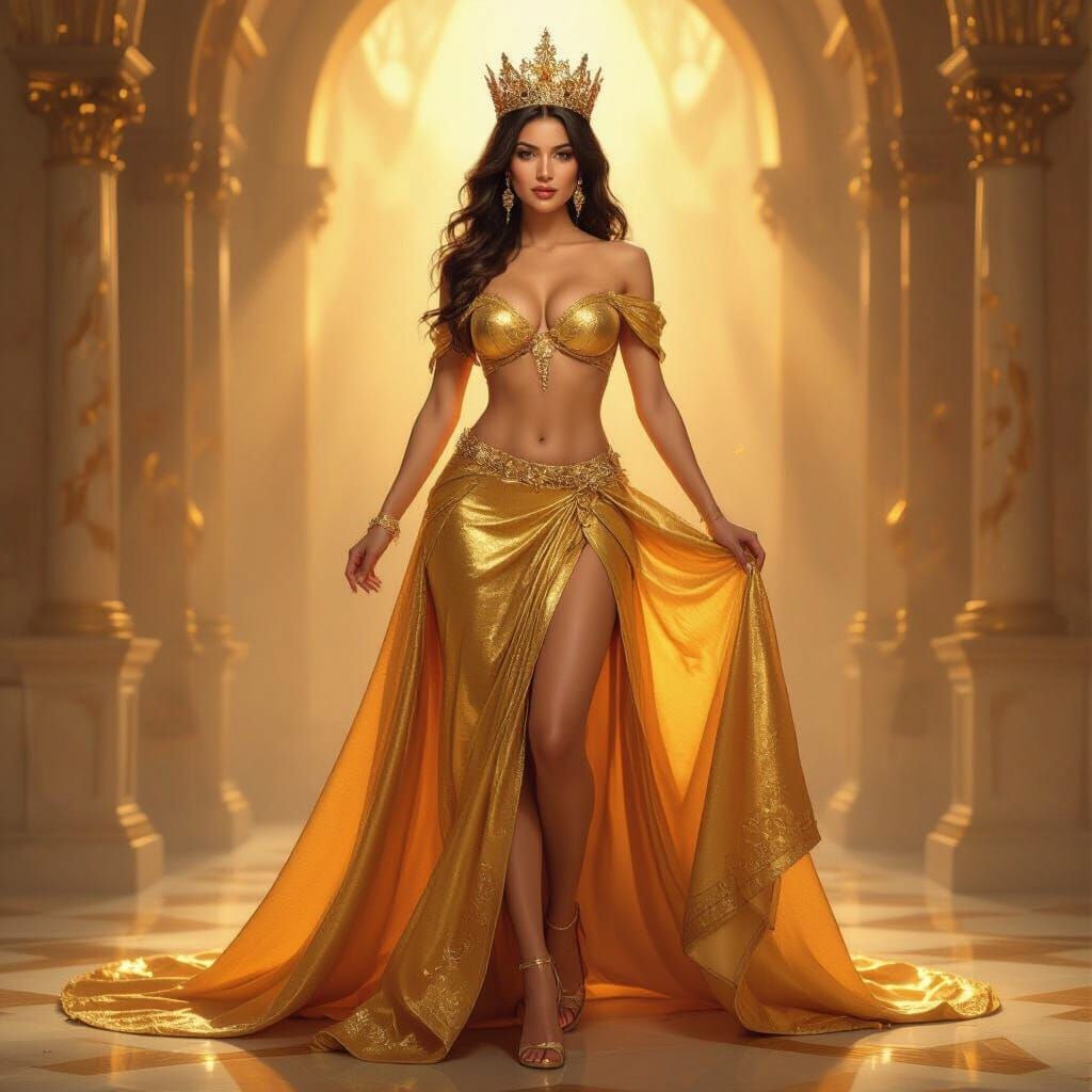 Regal Woman in Golden Lingerie and Crown