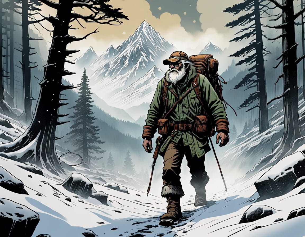 Hyper-Detailed Comic Art of a Trailblazer in a Snow-Capped M...