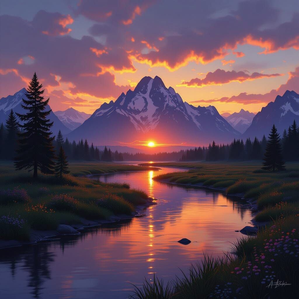 Ethereal Sunset Landscape Over Mountains and River