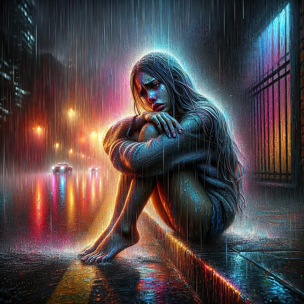 Sorrowful Woman in Rain: Neo-Realism Art