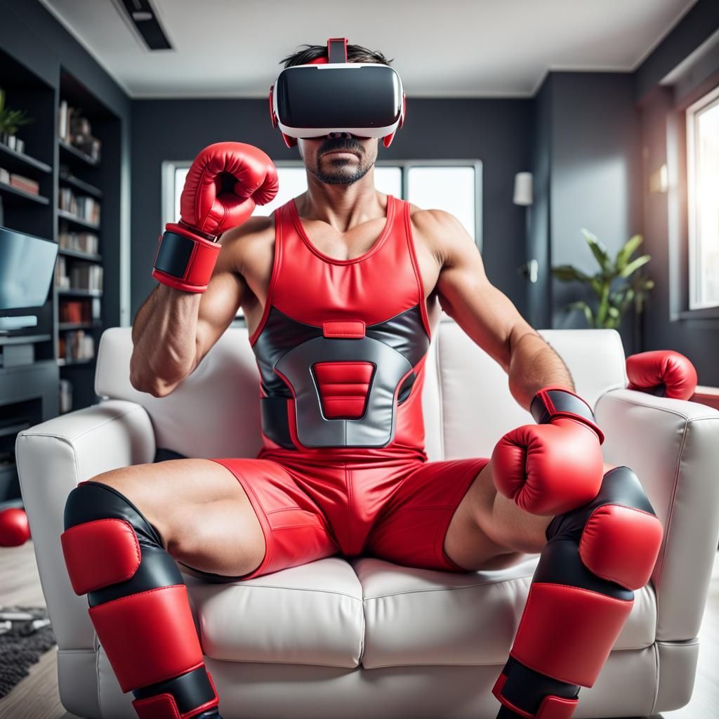 Boxer in VR Headset Relaxing in Futuristic Room