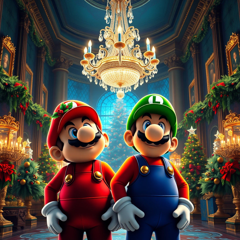 Festive Mario and Luigi in Christmas Mansion, 8K