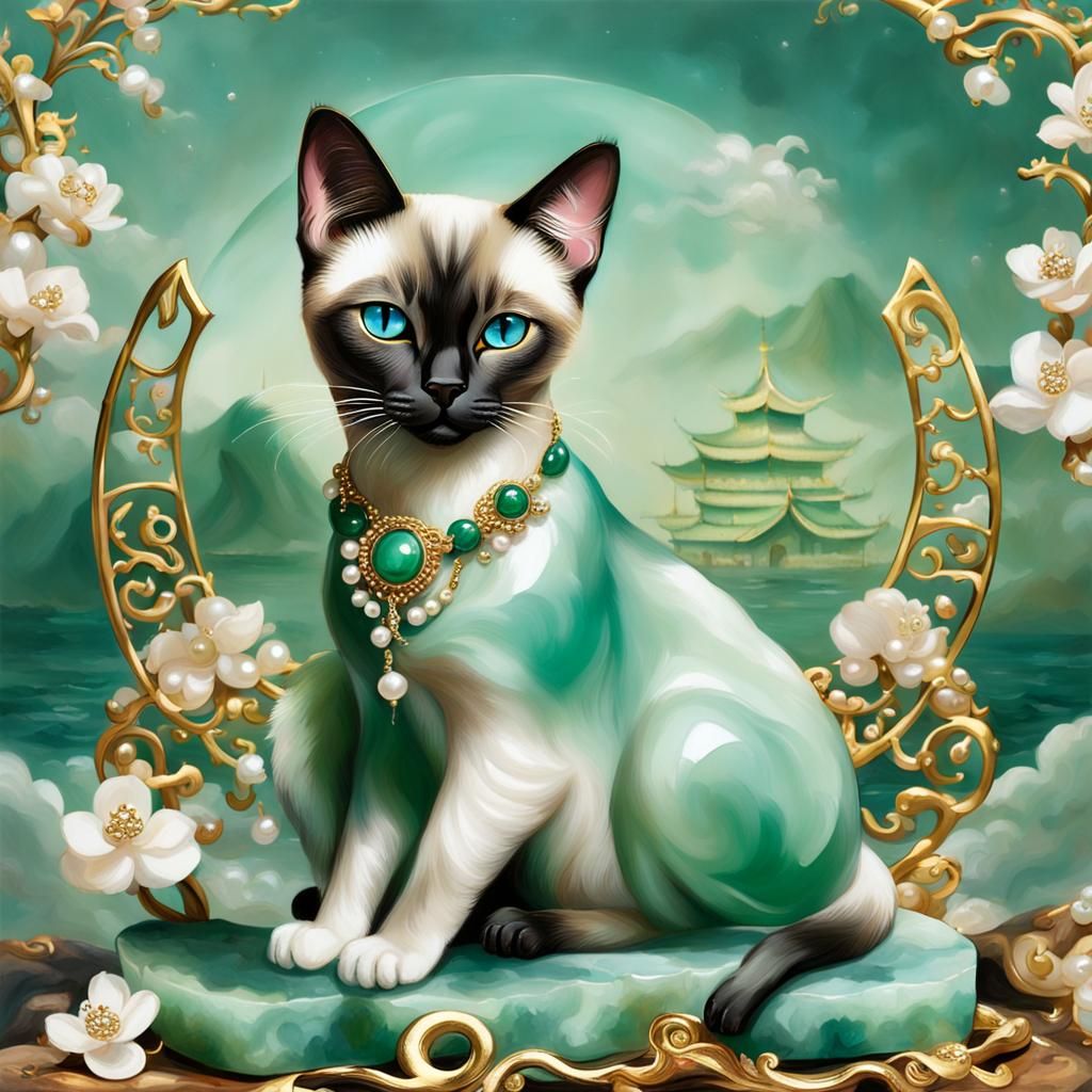 Jade Siamese Cat with Gold and Pearl Adornments