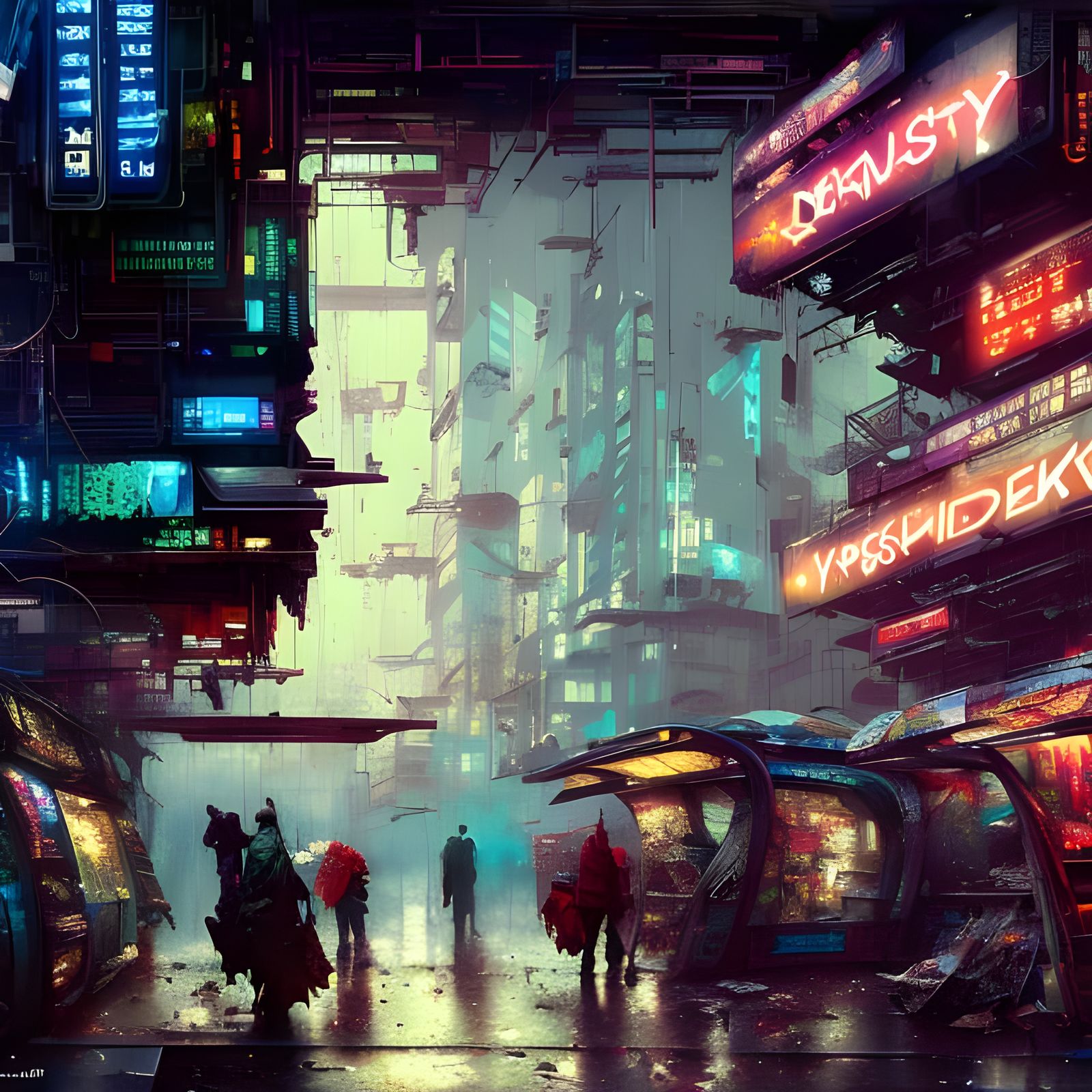 Cyberpunk Newspaper Kiosk in Neon Alleyway