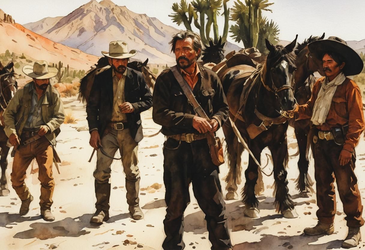 Mexican Bandits Ride Through Tabernas Desert Watercolor