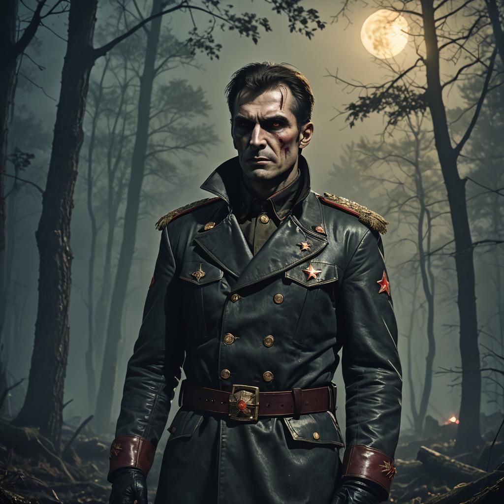 Eerie Soviet Vampire in Misty Forest: Digital Painting