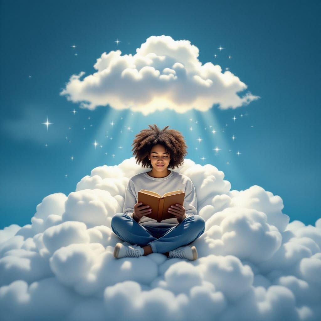 Young Person Reading in Cloudy Dreamscape