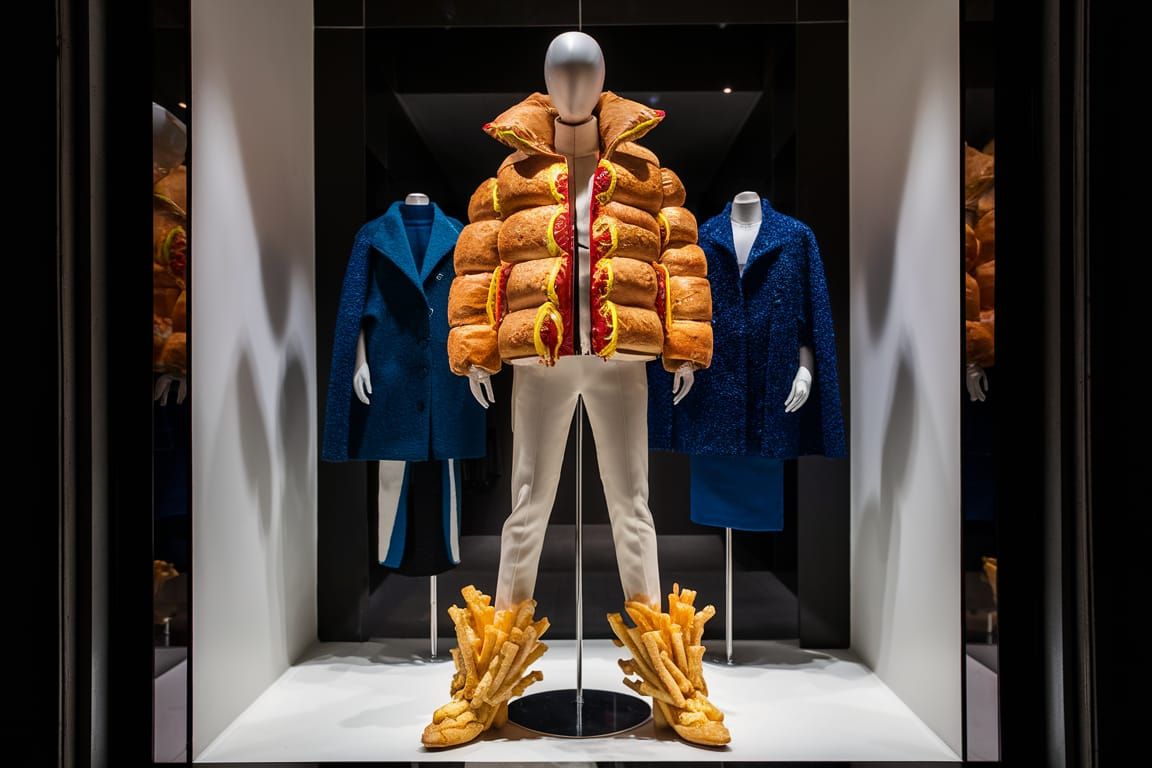 Cheeseburger Puffer Jacket: High Fashion Display