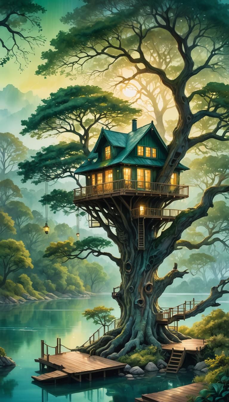 Treehouse Overlooking Lake in Ethereal Fantasy Art