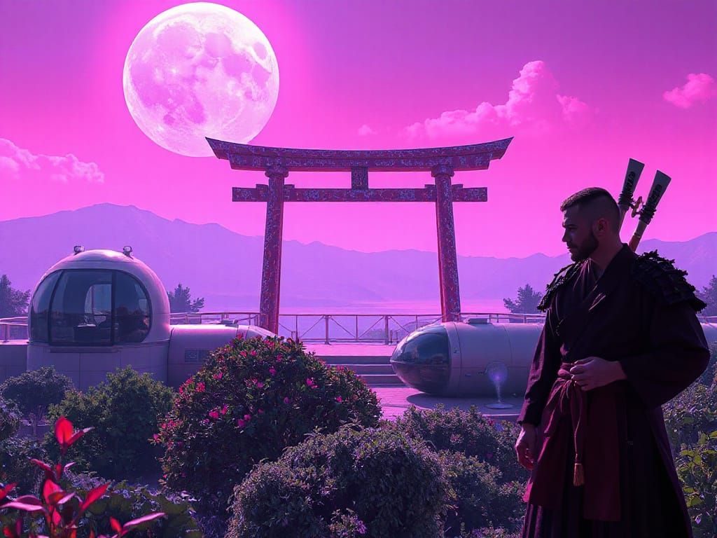 Solarpunk Harmony in Retro-Futuristic Japanese Garden on Mar...