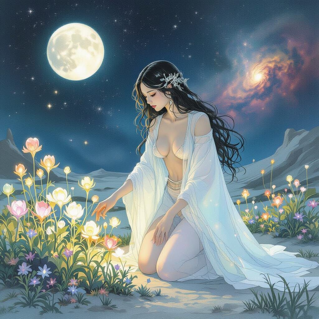 Sorceress Tends Alien Garden Under Cosmic Sky