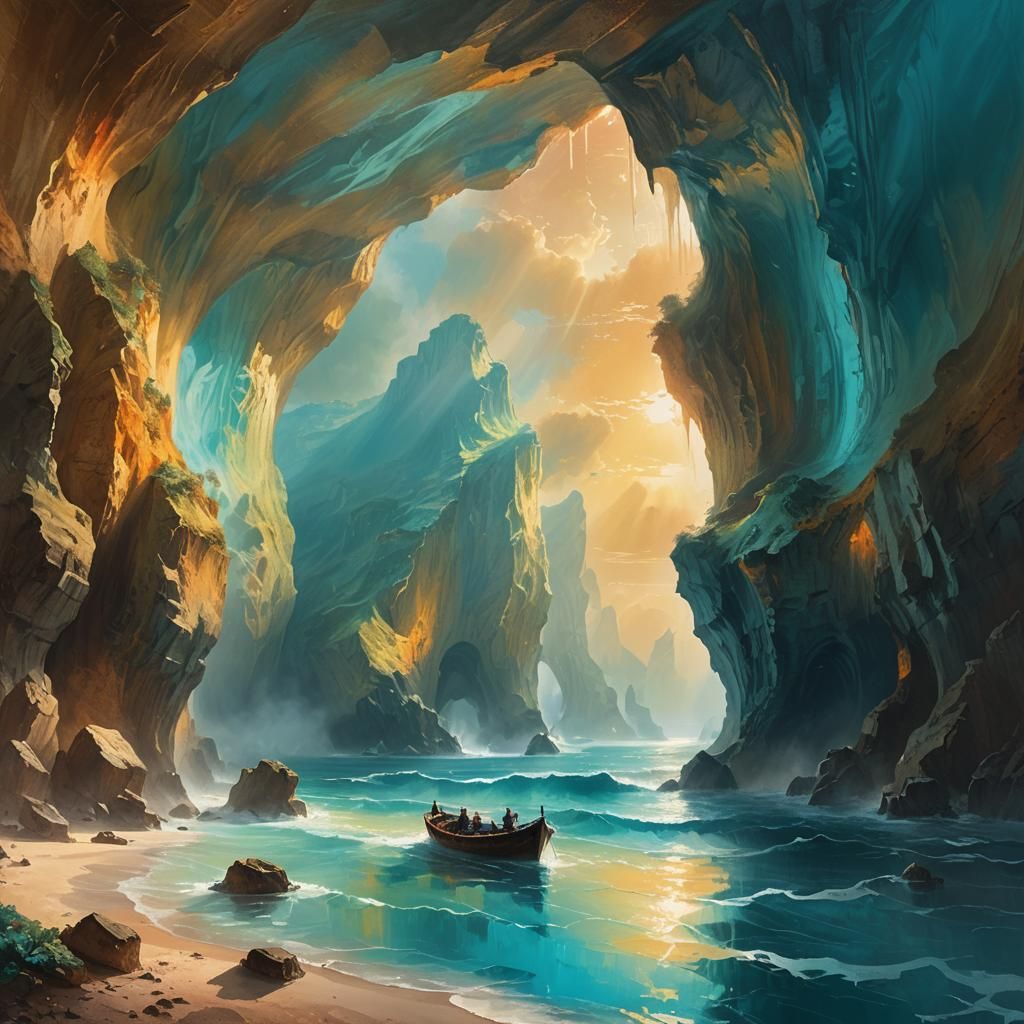Majestic Sea Cave with Boat in Turner Style