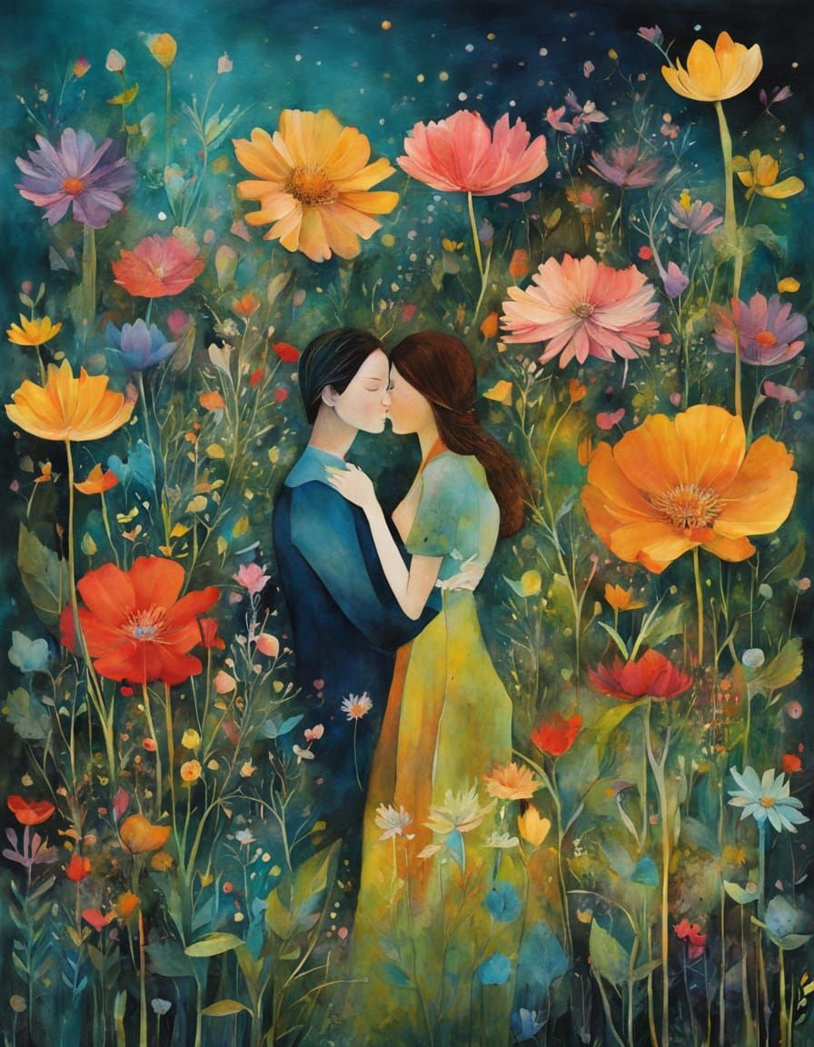 Whimsical Surreal Wildflower Landscape in Dreamlike Cubist S...