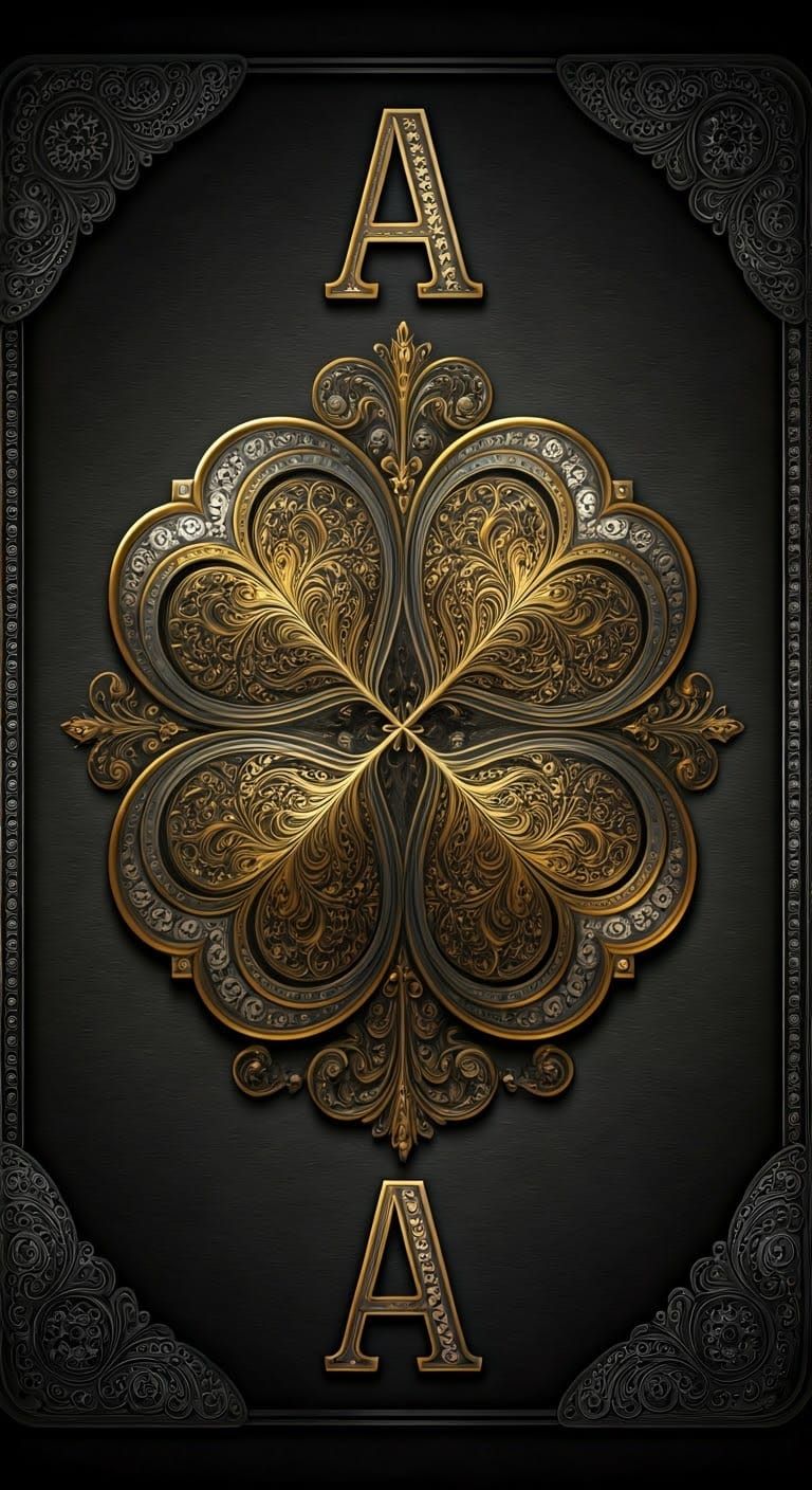 Stylized, Metallic Ace Playing Card with Ornate Four Leaf Cl...
