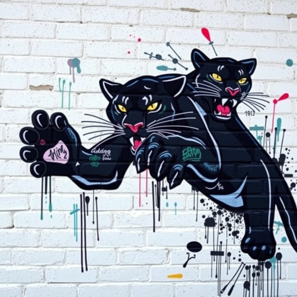 Vibrant Street Art Black Panther Leaping from Brick Wall