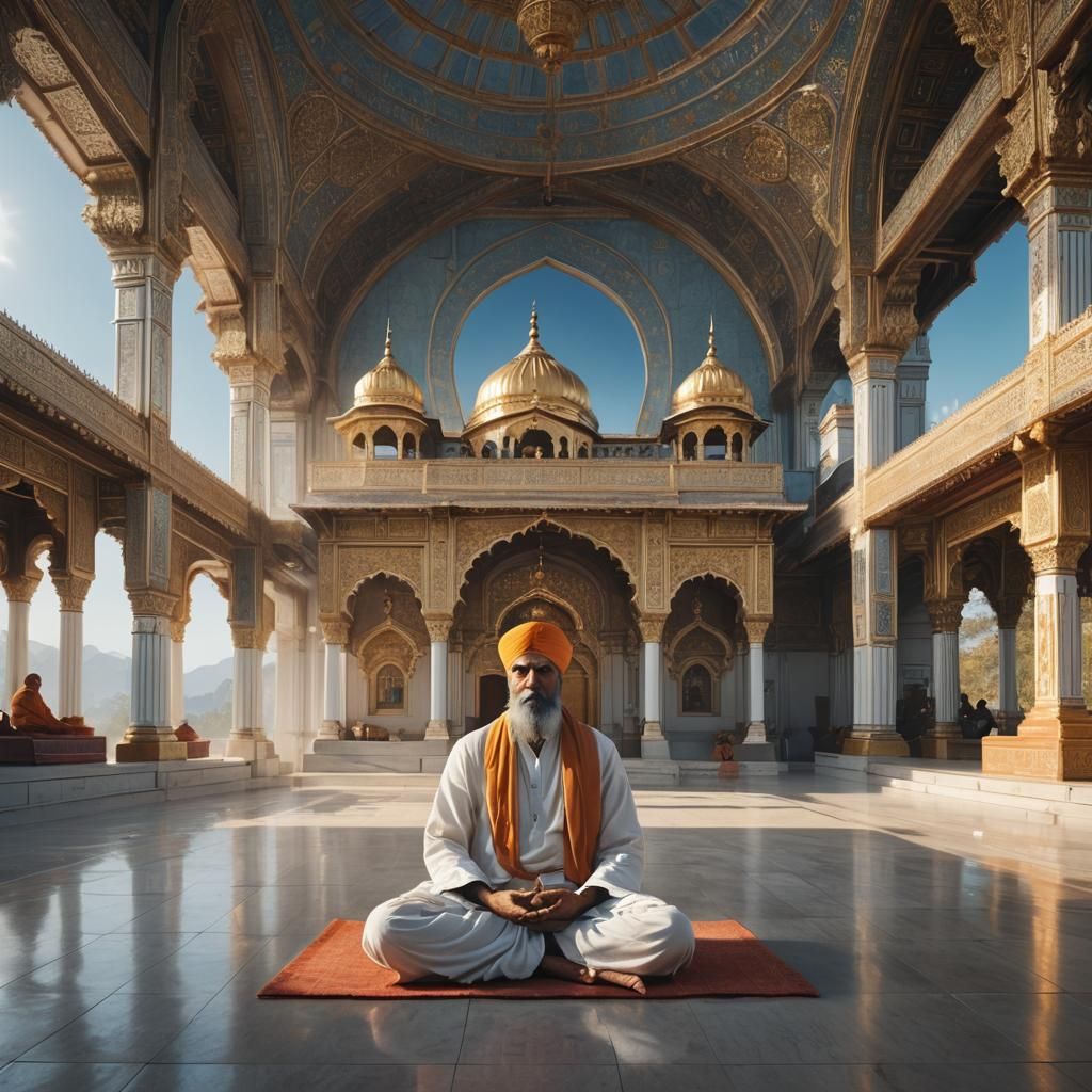 Meditating Man Facing Gurudwara in Serene Sunlight
